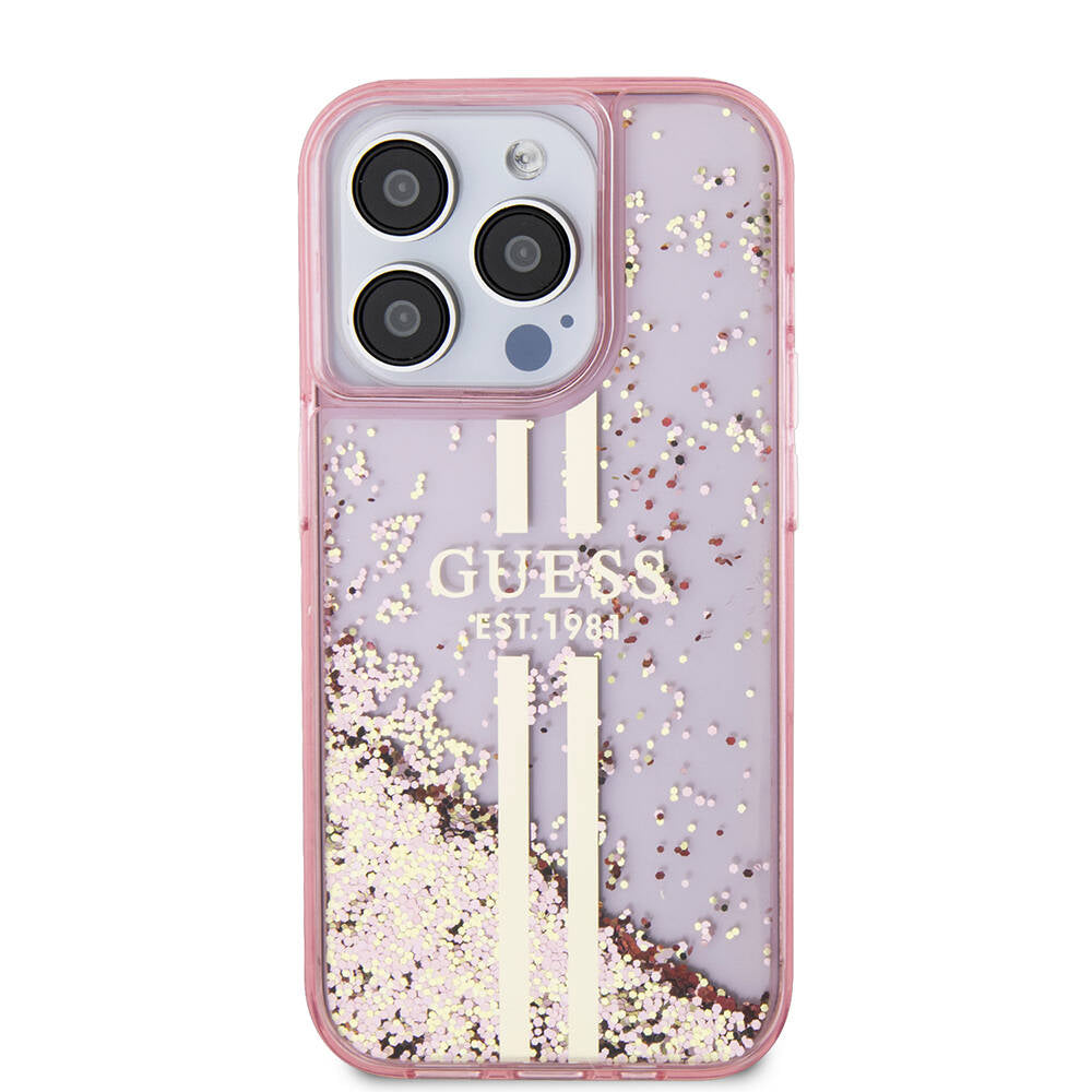 Guess iPhone 15 Pro Orjinal Lisanslı Transparan Sıvılı Simli Altın Çizgili Kılıf Guess iPhone 15 Pro Orjinal Lisanslı Transparan Sıvılı Simli Altın Çizgili Kılıf